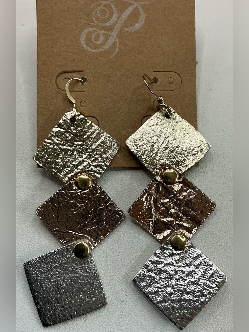 PLUNDER FAUX LEATHER METALLIC RIVETED SQUARE EARRINGS NWT